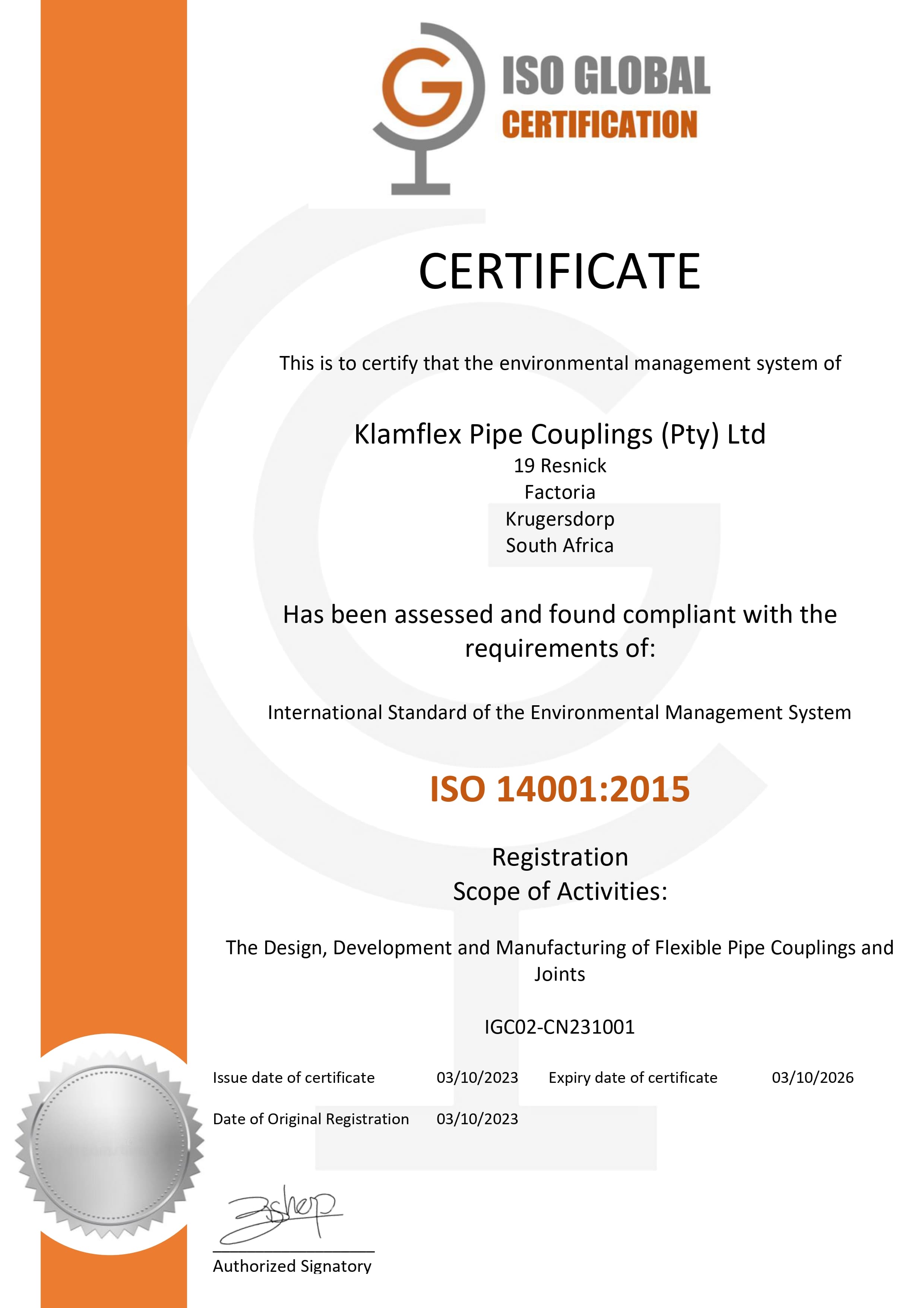 Klamflex ISO Global Certification Certificate ISO 14001:2015 IGC02-CN231001